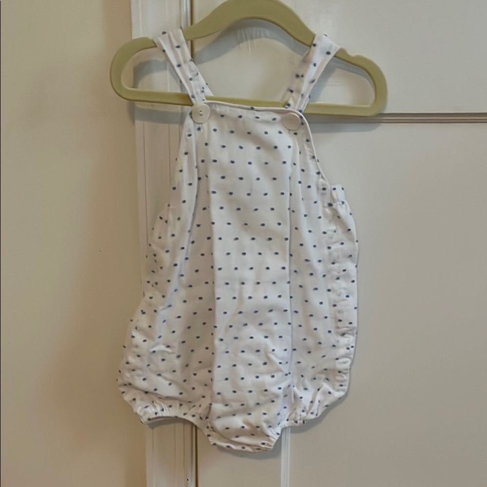 Cecil and Lou White with Blue Swiss Dot Romper Sunsuit